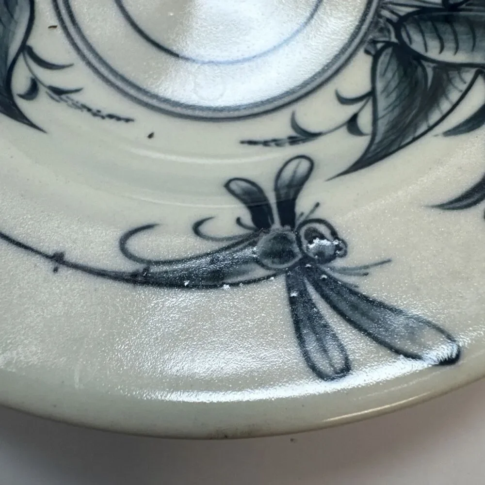 Bat Trang Vietnamese Hand Painted Pottery 2 Bowl heart trinket dish Dragonflies